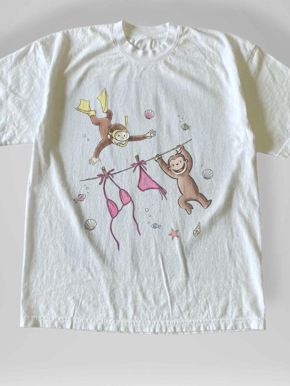 Gildan White Tee with Curious Monkey Graphic and Pink Accents